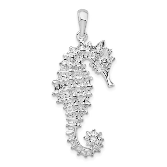 925 Sterling Silver Rhodium-plated Textured 3D Seahorse Necklace Charm Pendant - Picture 1 of 6